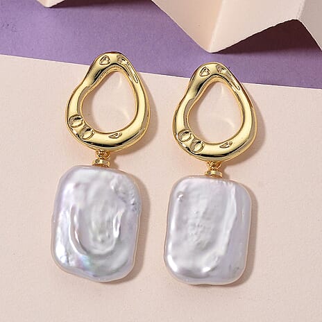 Designer Inspired White Keshi Pearl Push Back Earring in Yellow Gold Tone 12.00 Ct.