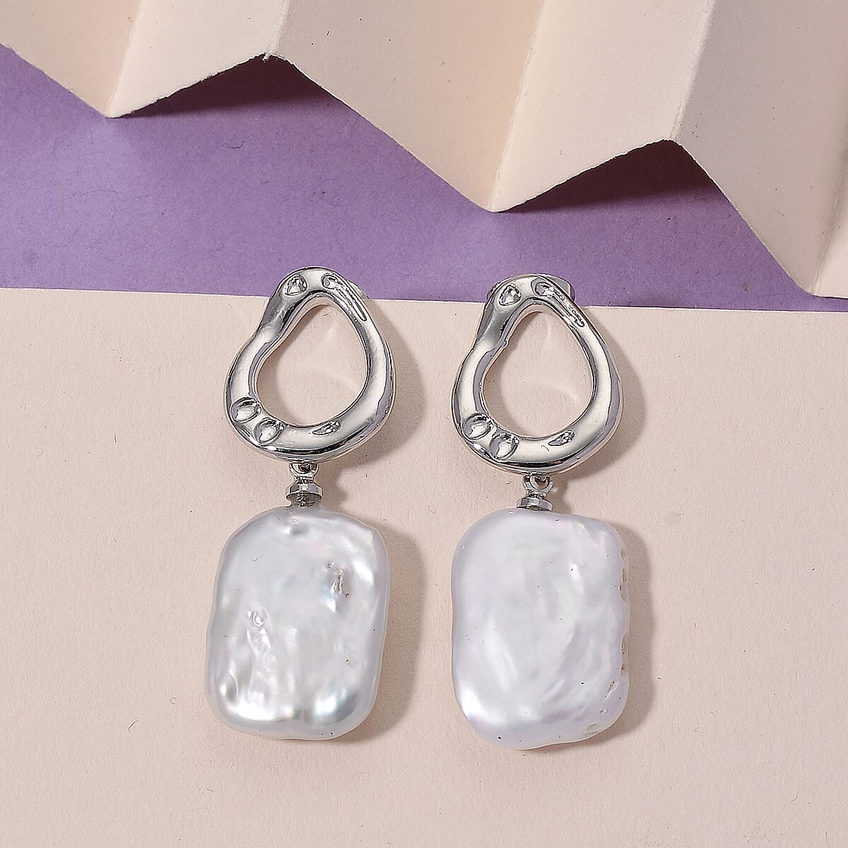 White Keshi Pearl Earring with Push Back in Silver Tone 12.00 Ct.