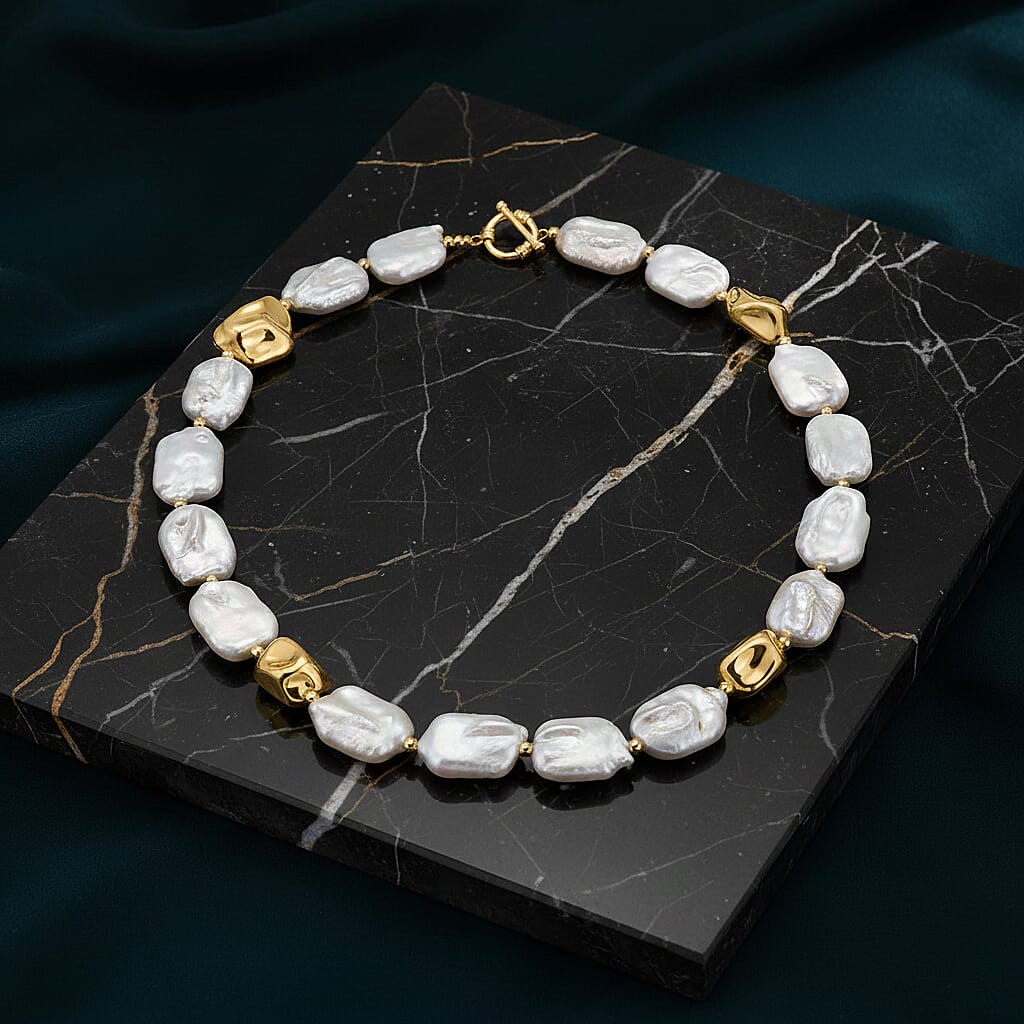 White Keshi Pearl Beads Necklace (Size - 20) with T-Bar Clasp in Yellow Gold Tone 155.00 Ct.
