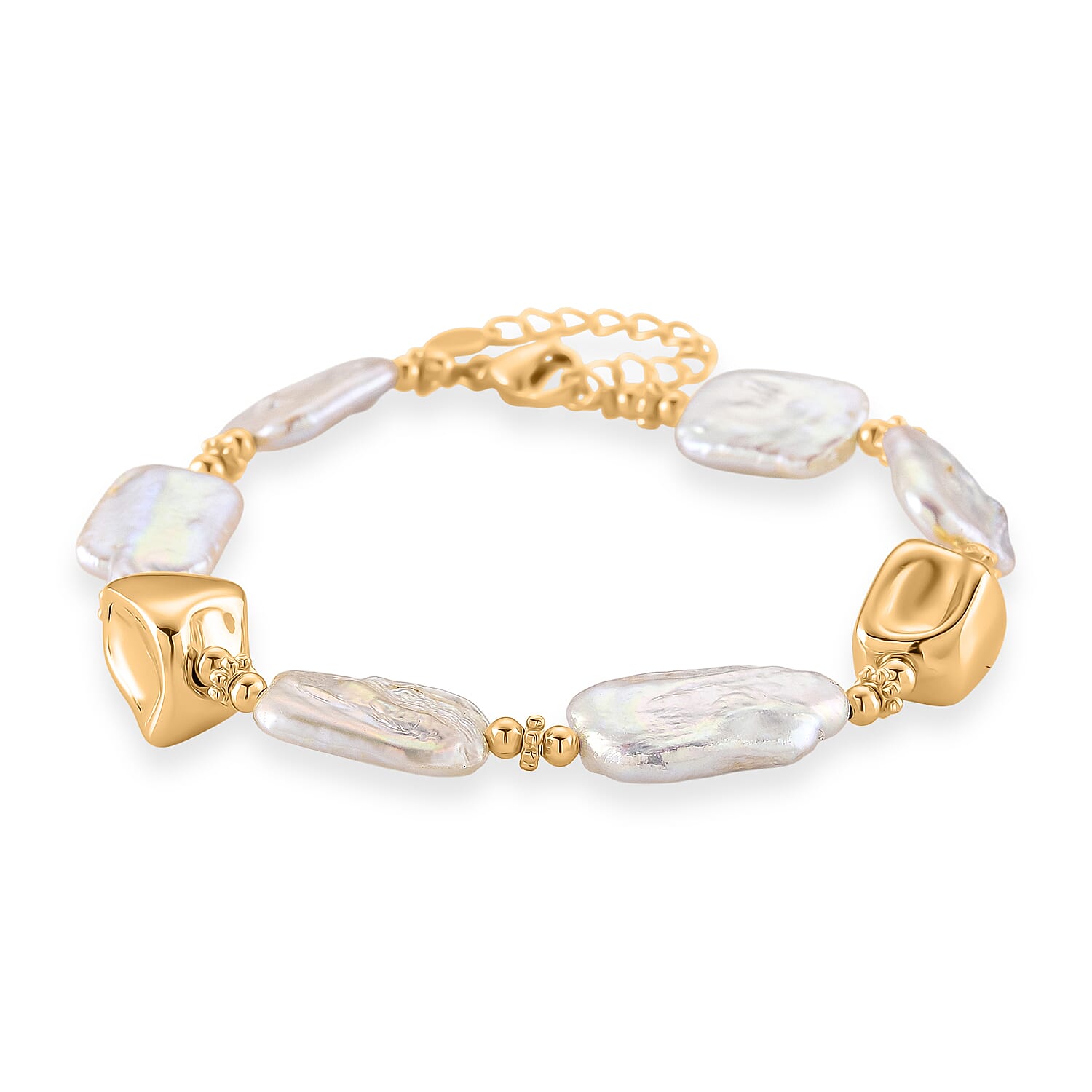 White Keshi Pearl Beads Bracelet (Size - 8-2) with Lobster Clasp in Yellow Gold Tone 60.00 Ct.