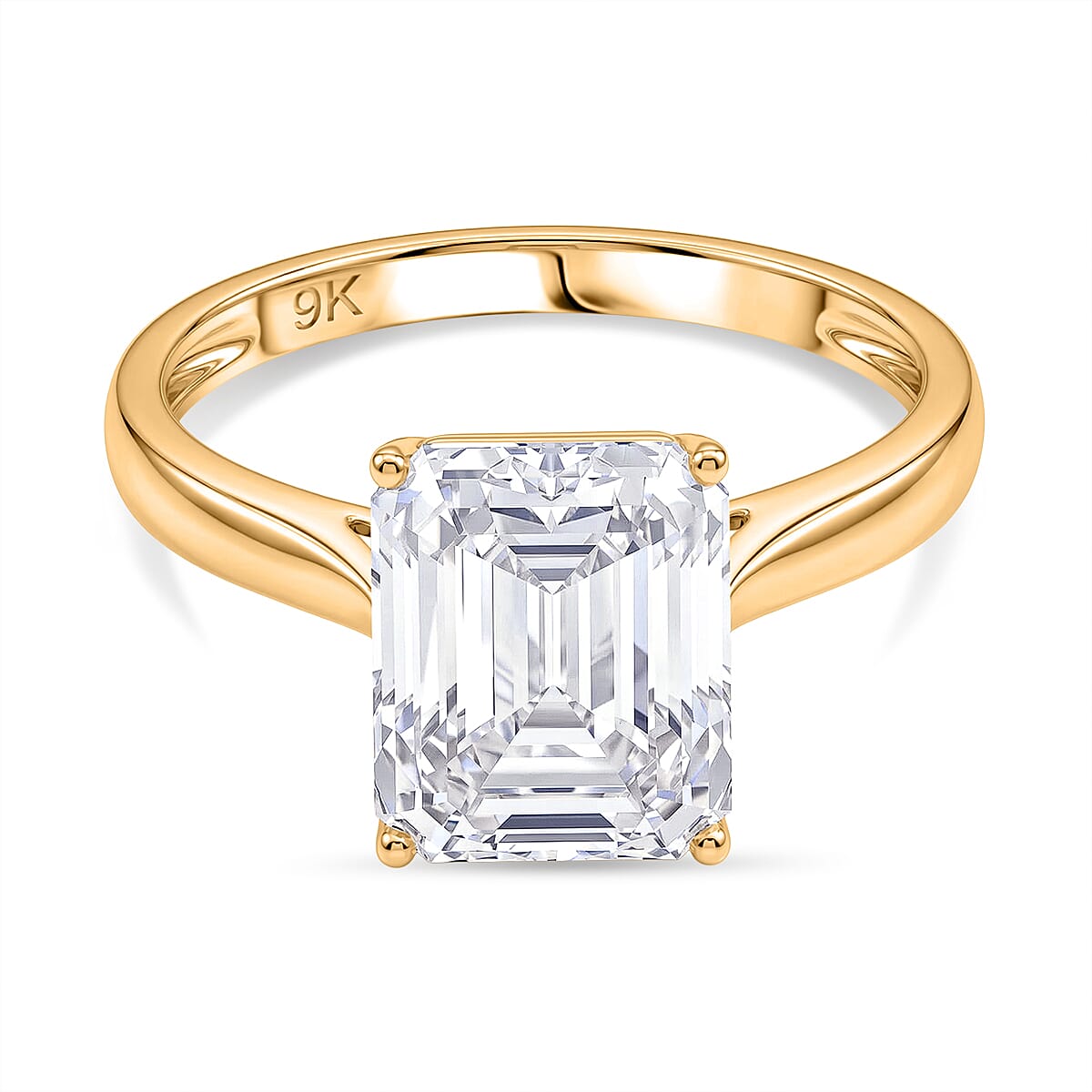 9K Yellow Gold GRA Certified Moissanite D-VVS1 Emerald Cut Solitaire Ring 4.00 Ct.