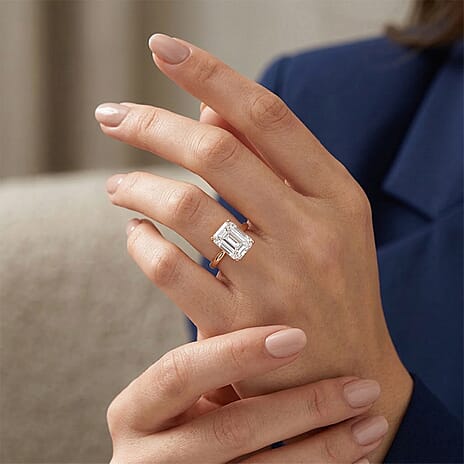 9K Yellow Gold GRA Certified Moissanite D-VVS1 Emerald Cut Solitaire Ring 4.00 Ct.