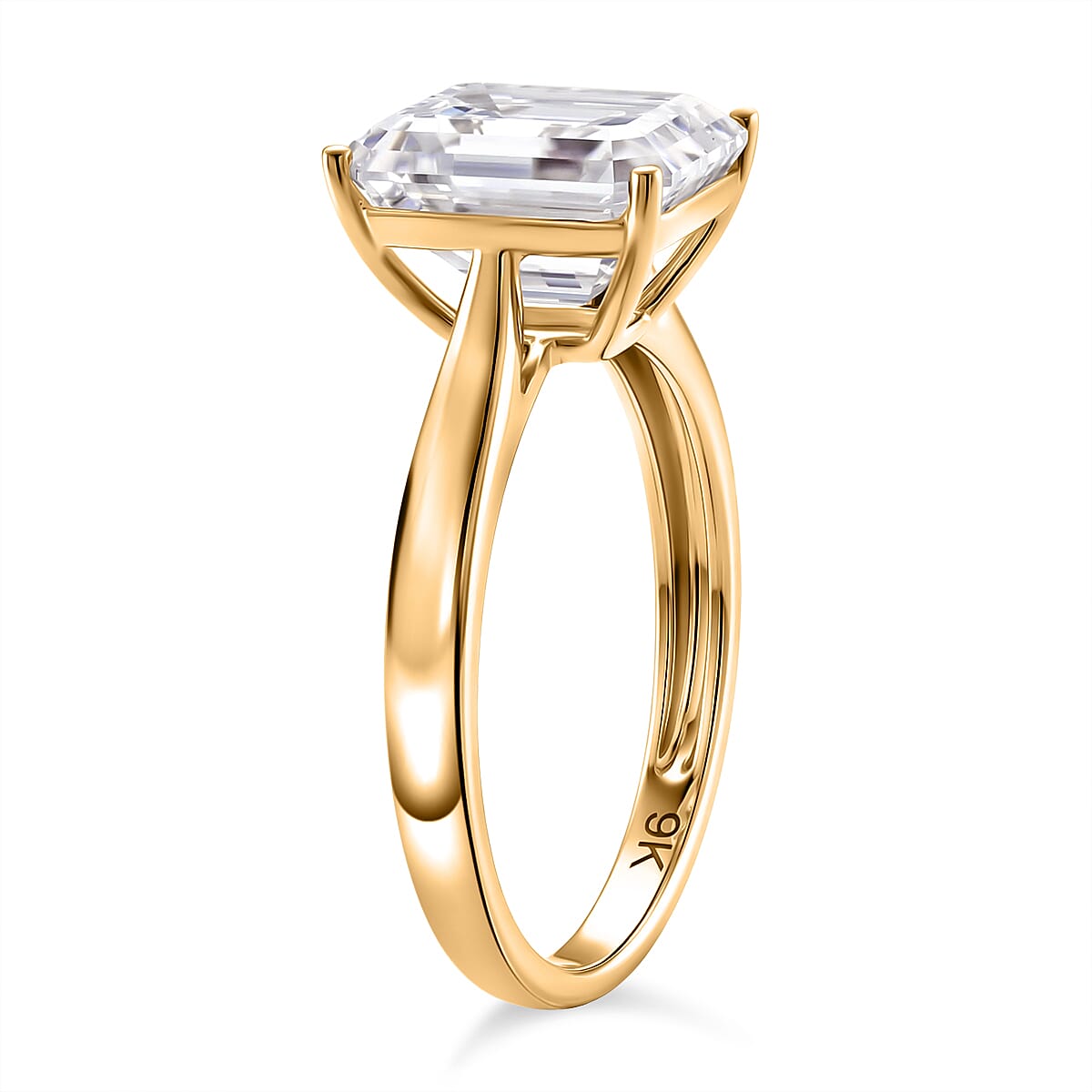 9K Yellow Gold GRA Certified Moissanite D-VVS1 Emerald Cut Solitaire Ring 4.00 Ct.