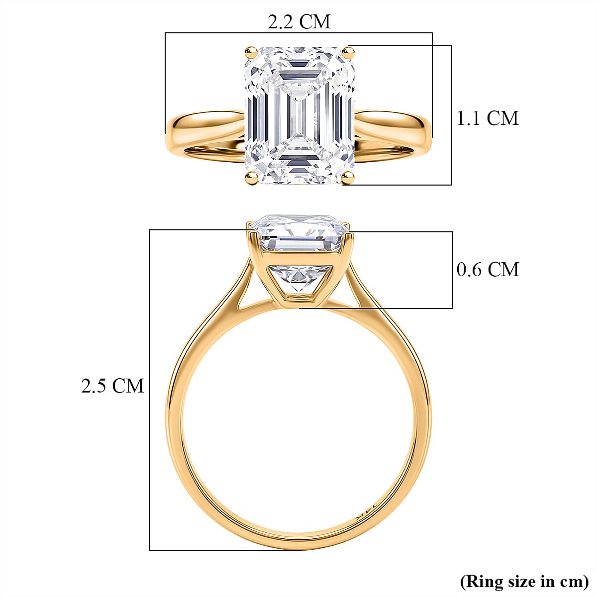 9K Yellow Gold GRA Certified Moissanite D-VVS1 Emerald Cut Solitaire Ring 4.00 Ct.