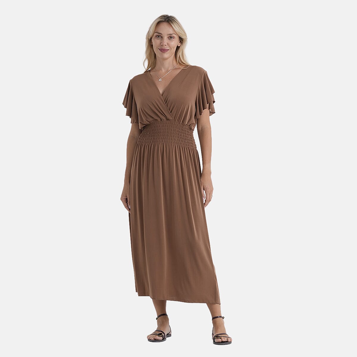 La Marey Flutter Sleeves Smocked Midi Dress (One Size) - Brown