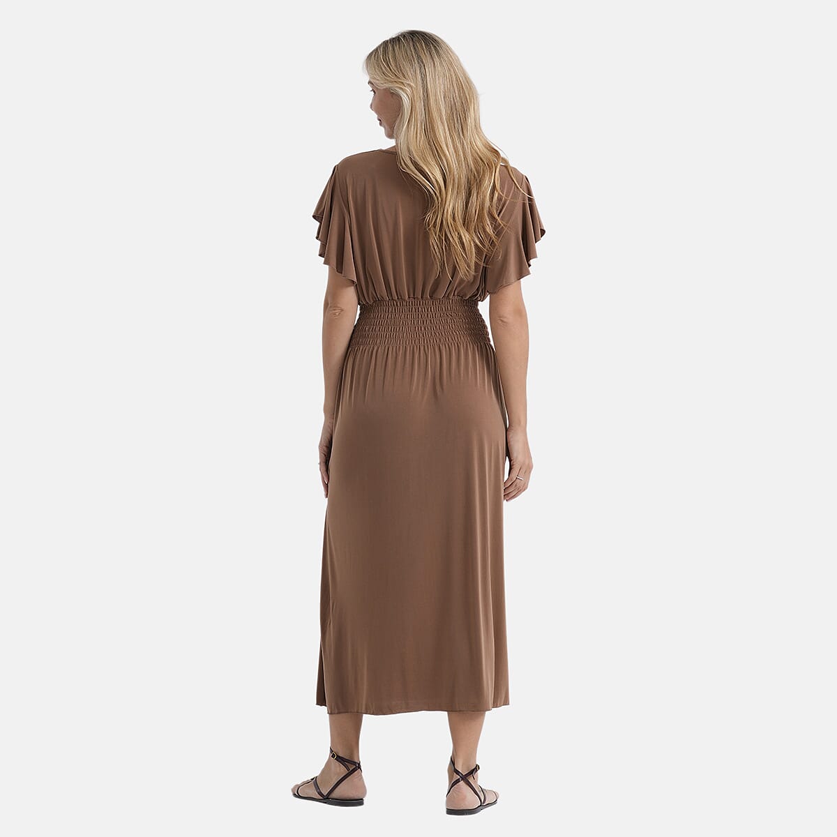 La Marey Flutter Sleeves Smocked Midi Dress (One Size) - Brown