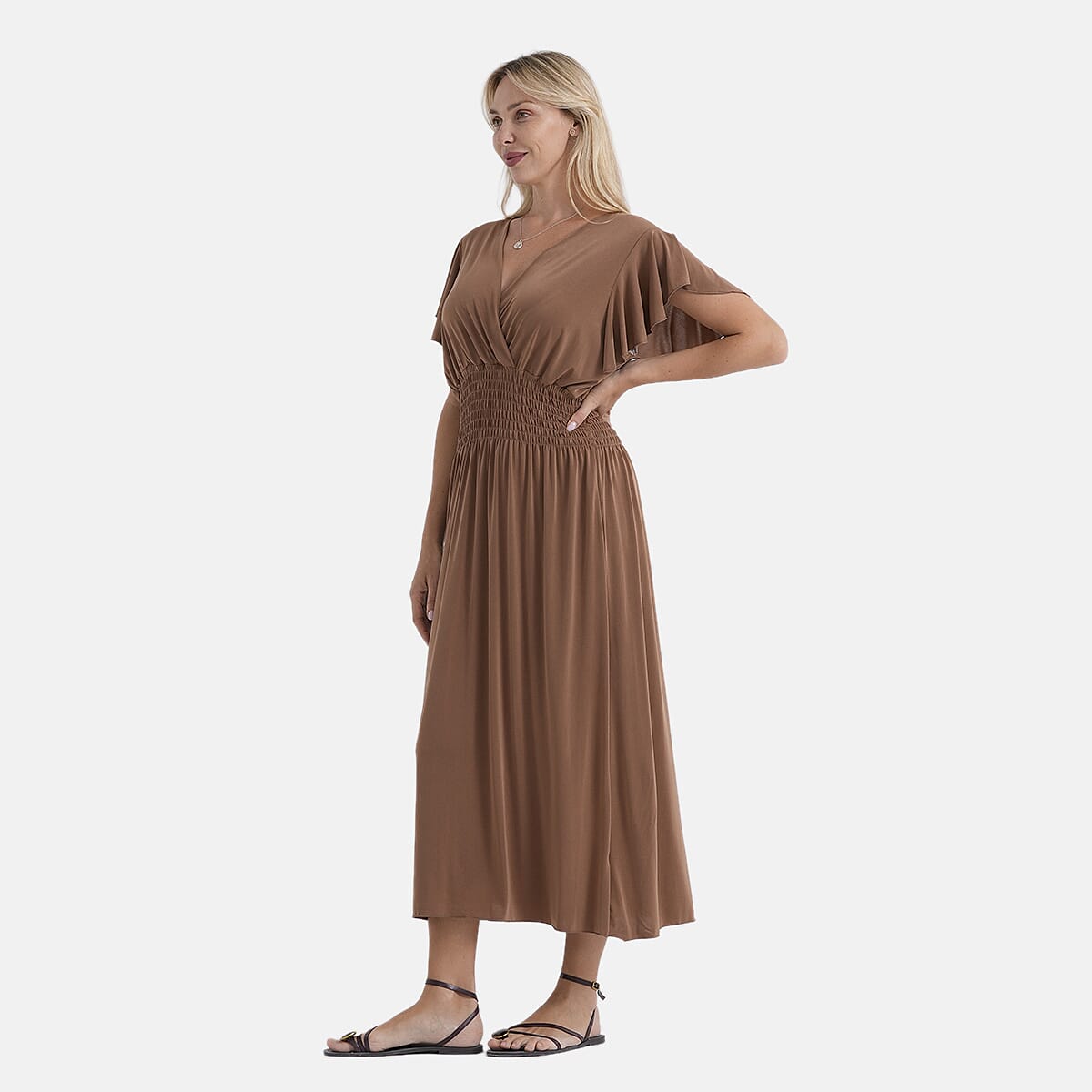 La Marey Flutter Sleeves Smocked Midi Dress (One Size) - Brown