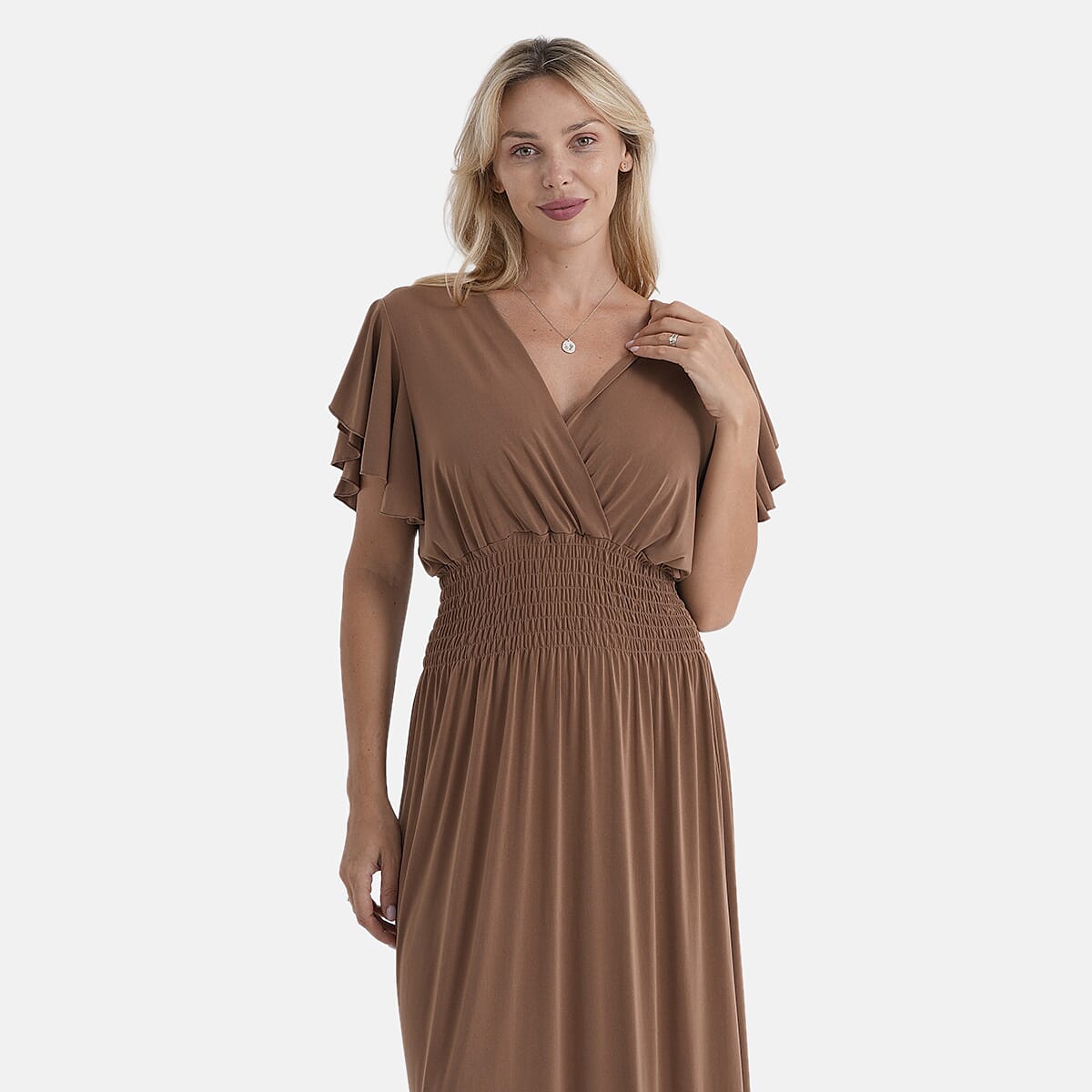 La Marey Flutter Sleeves Smocked Midi Dress (One Size) - Brown