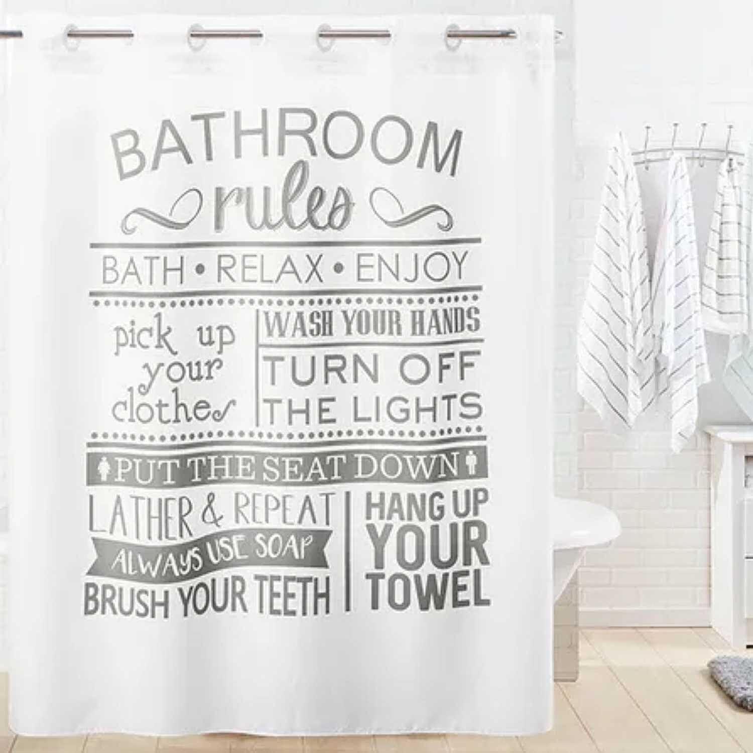 Bathroom Rules Fabric Shower Curtain (180 x 188 cm) - White with Grey