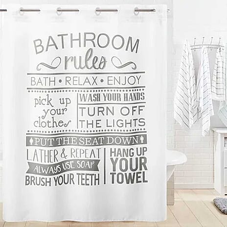 Bathroom Rules Fabric Shower Curtain (180 x 188 cm) - White with Grey