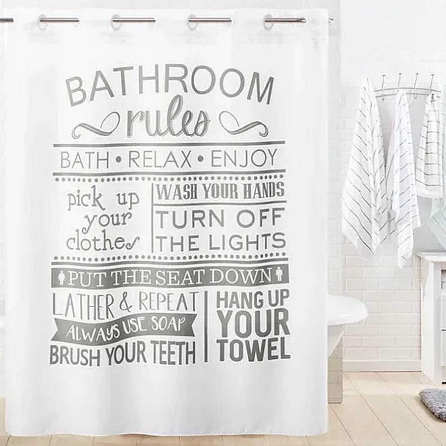 Bathroom Rules Fabric Shower Curtain (180 x 188 cm) - White with Grey