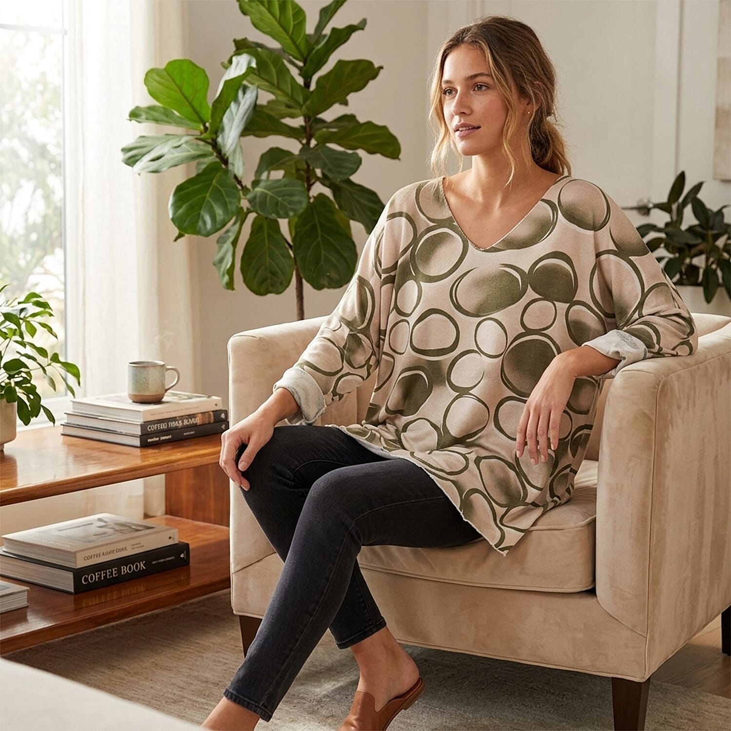 Pure and Natural V-Neck Light Knit Top (One Size - Upto 18) - Green