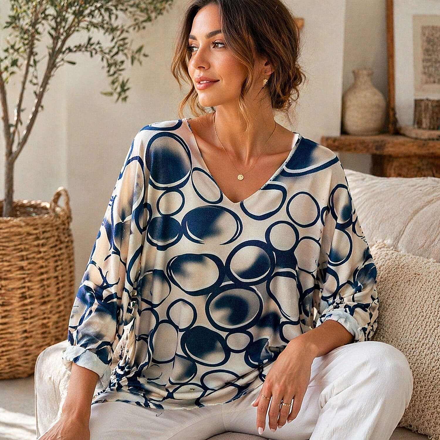 Pure and Natural V-Neck Light Knit Top (One Size - Upto 18) - Navy