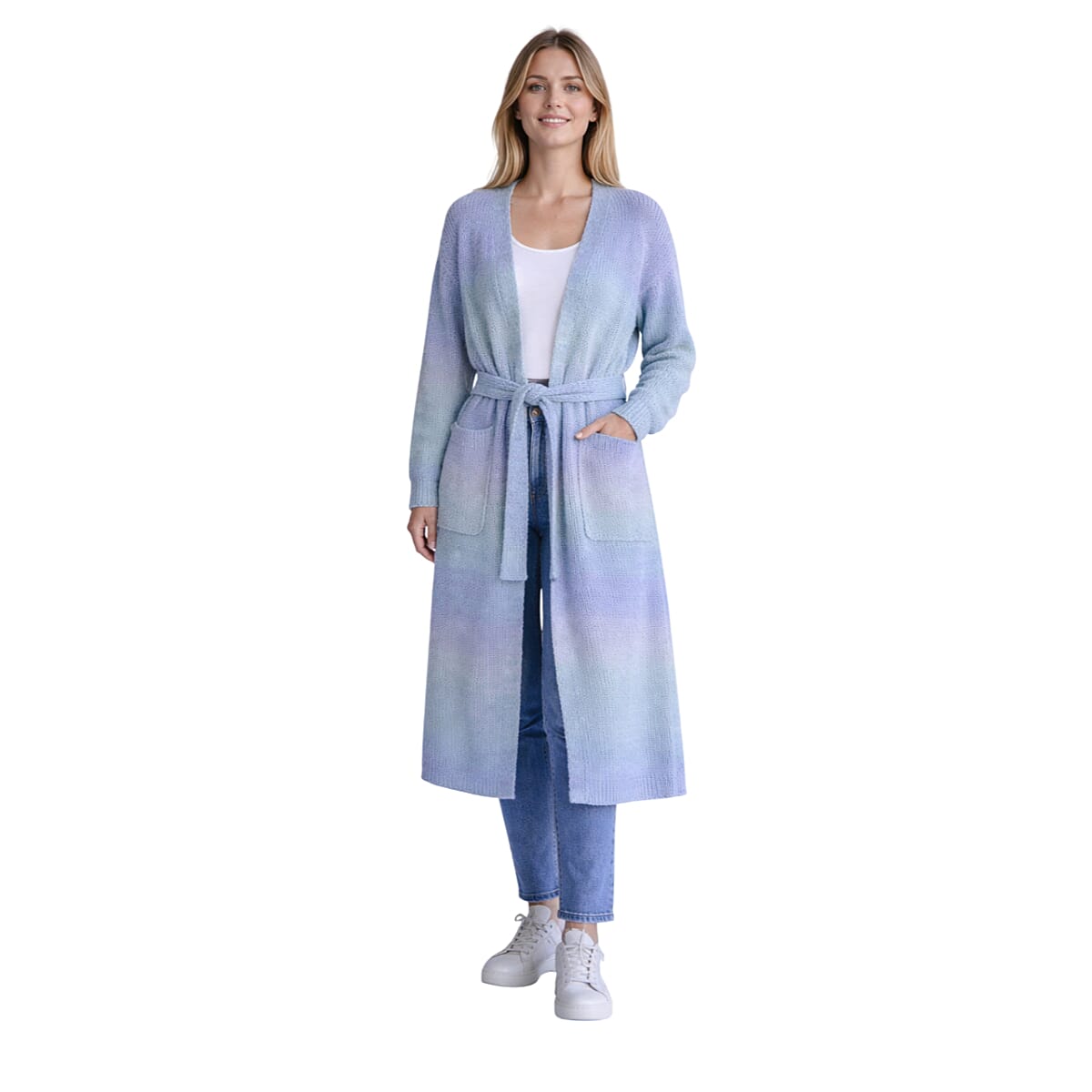 La Marey Textured Midi Cardigan with Belt (Size 16 to 18) - Green & Blue
