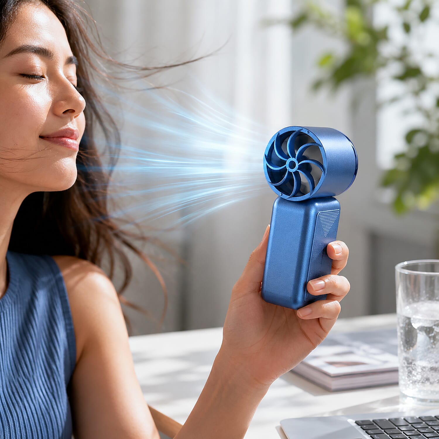 LIVMORE K688 High Speed Mini Turbo Fan - Premium 3000mAh Battery Operated Portable Handheld Fan with 6 Speed Control and Built-in Light - Blue