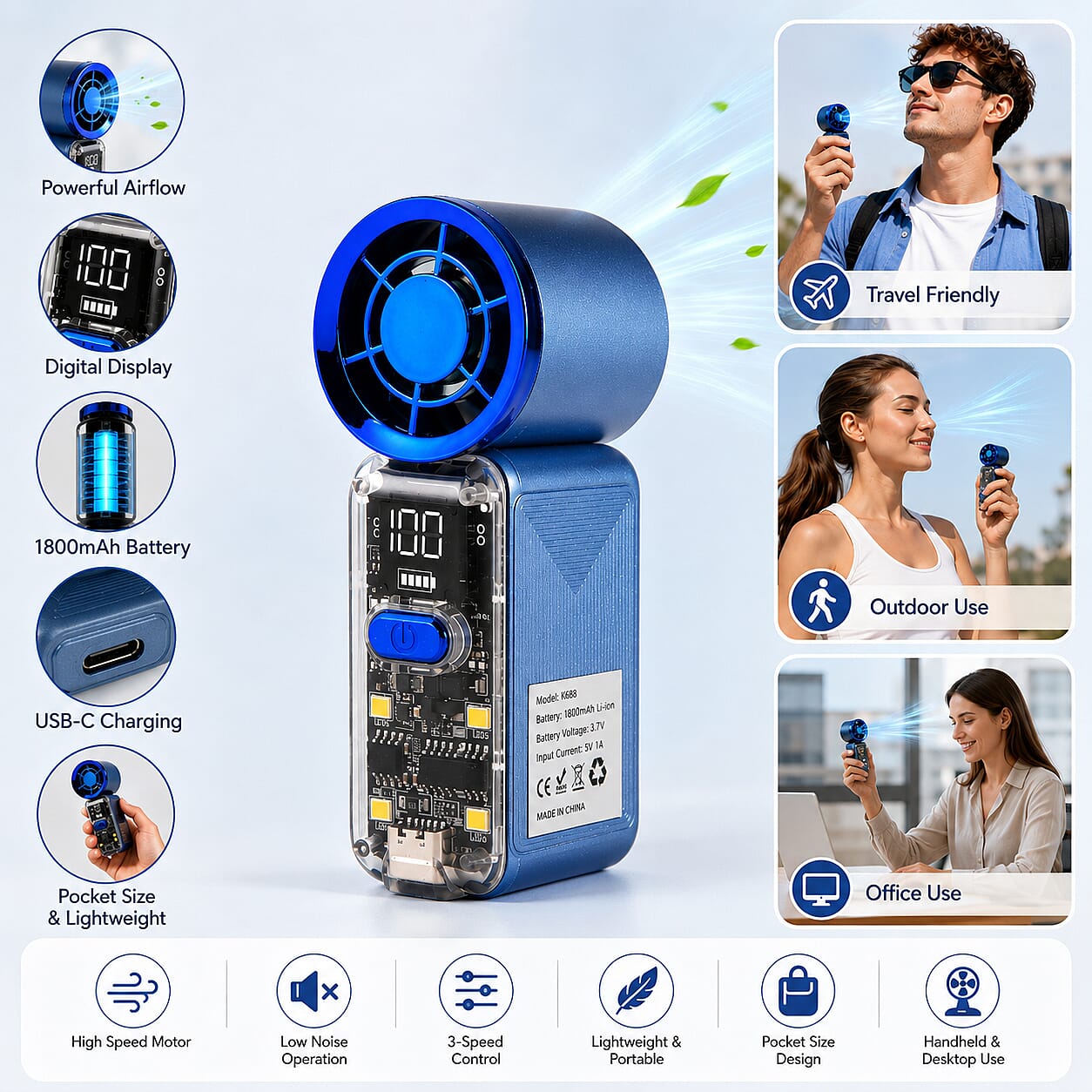 LIVMORE K688 High Speed Mini Turbo Fan - Premium 3000mAh Battery Operated Portable Handheld Fan with 6 Speed Control and Built-in Light - Blue