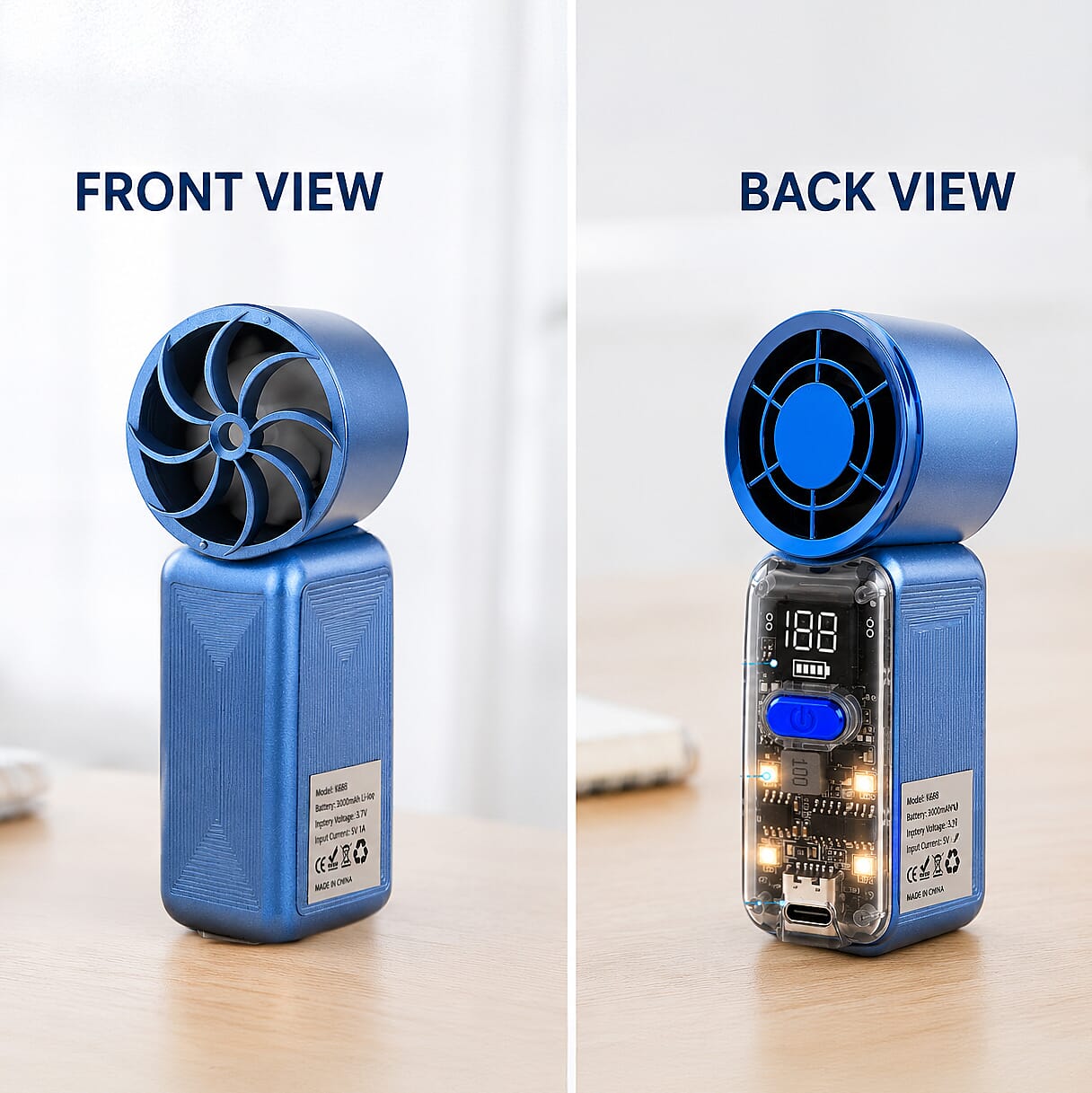 LIVMORE K688 High Speed Mini Turbo Fan - Premium 3000mAh Battery Operated Portable Handheld Fan with 6 Speed Control and Built-in Light - Blue