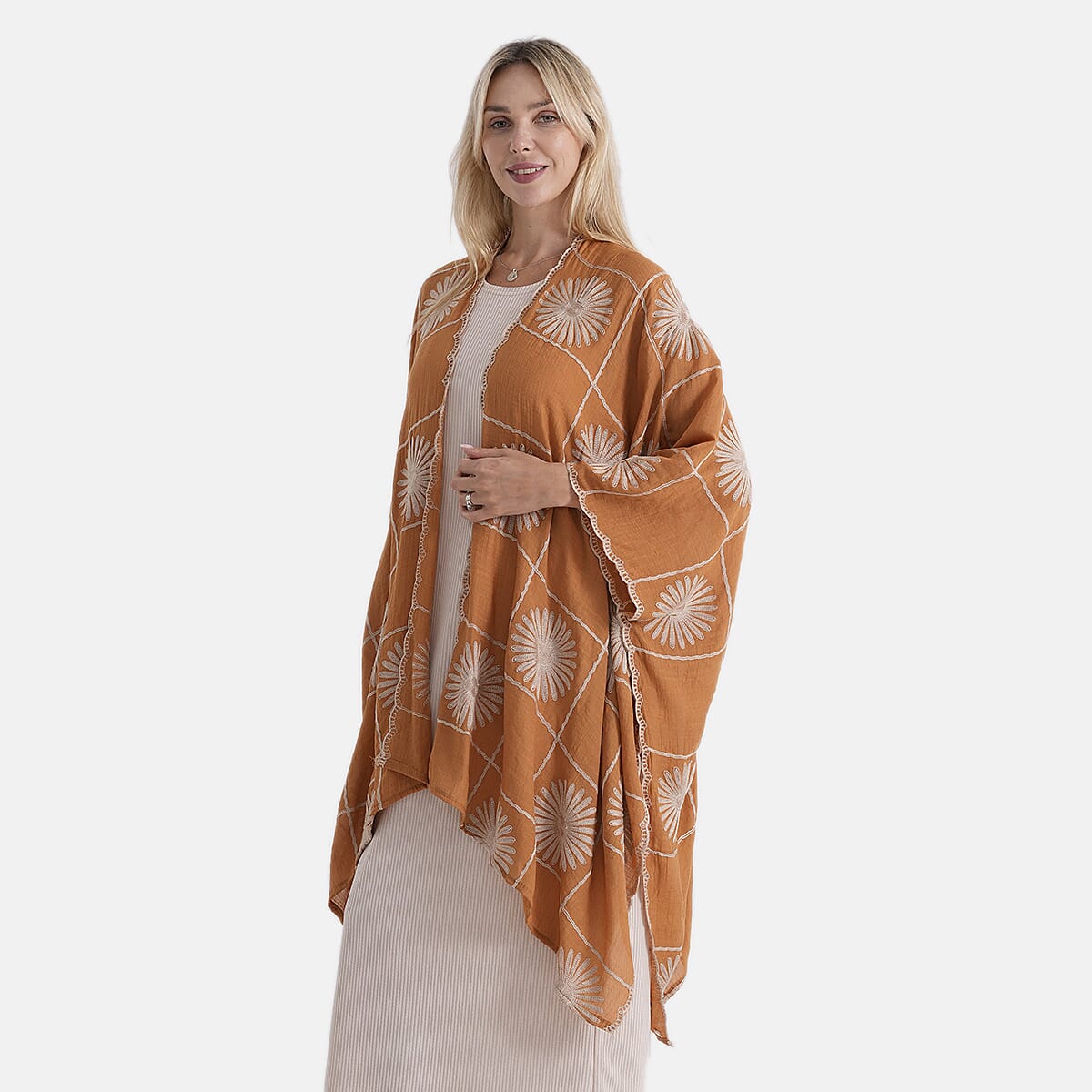 La Marey Full Embroidery Longline Kimono (One Size) - Yellow