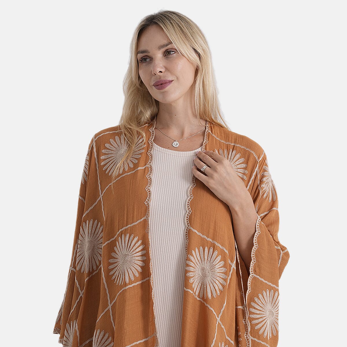 La Marey Full Embroidery Longline Kimono (One Size) - Yellow