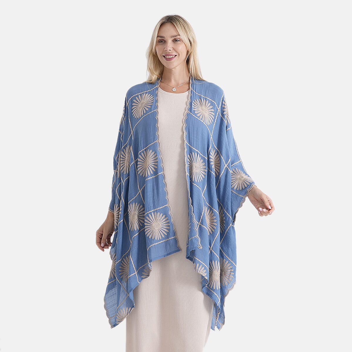 La Marey Full Embroidery Longline Kimono (One Size) - Blue