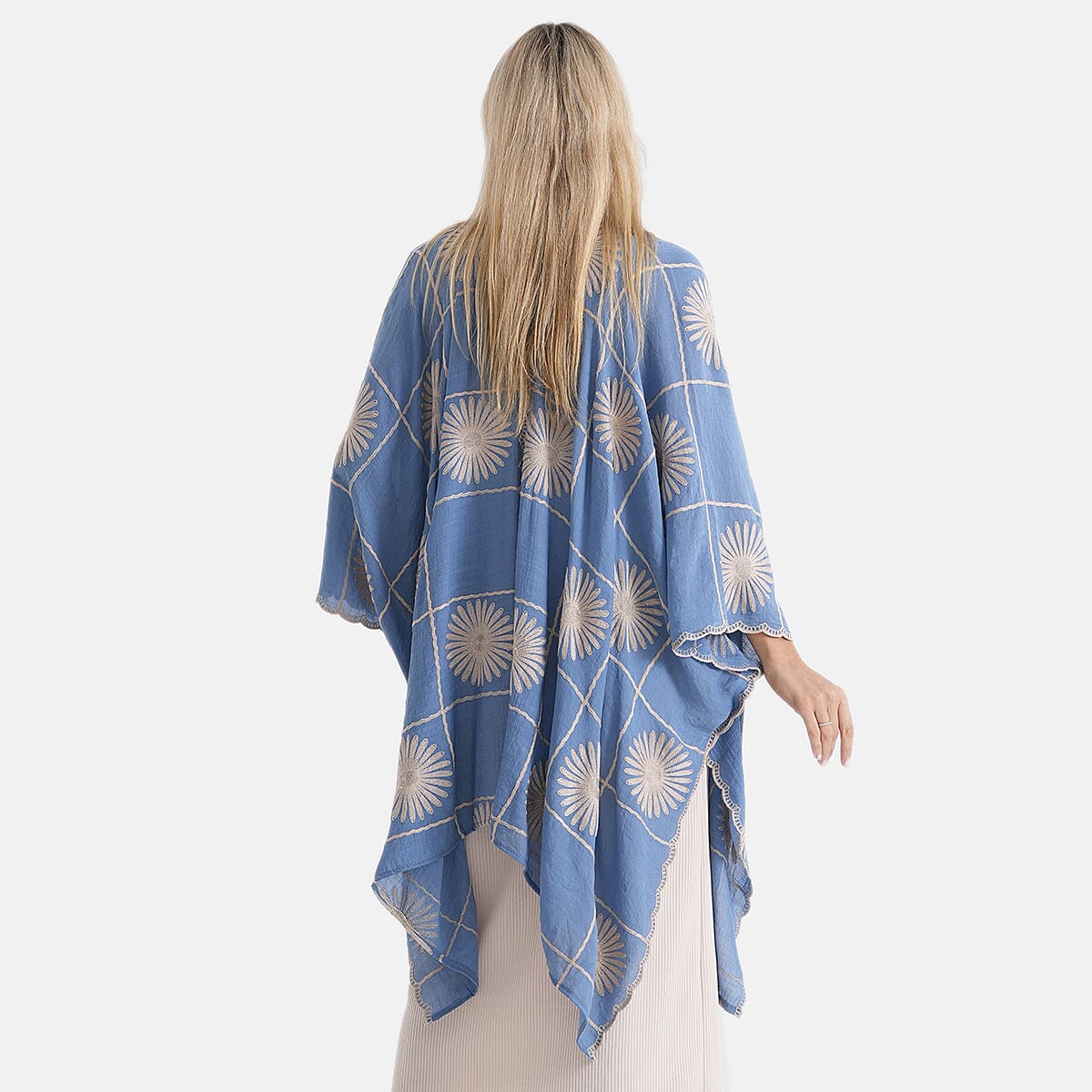 La Marey Full Embroidery Longline Kimono (One Size) - Blue