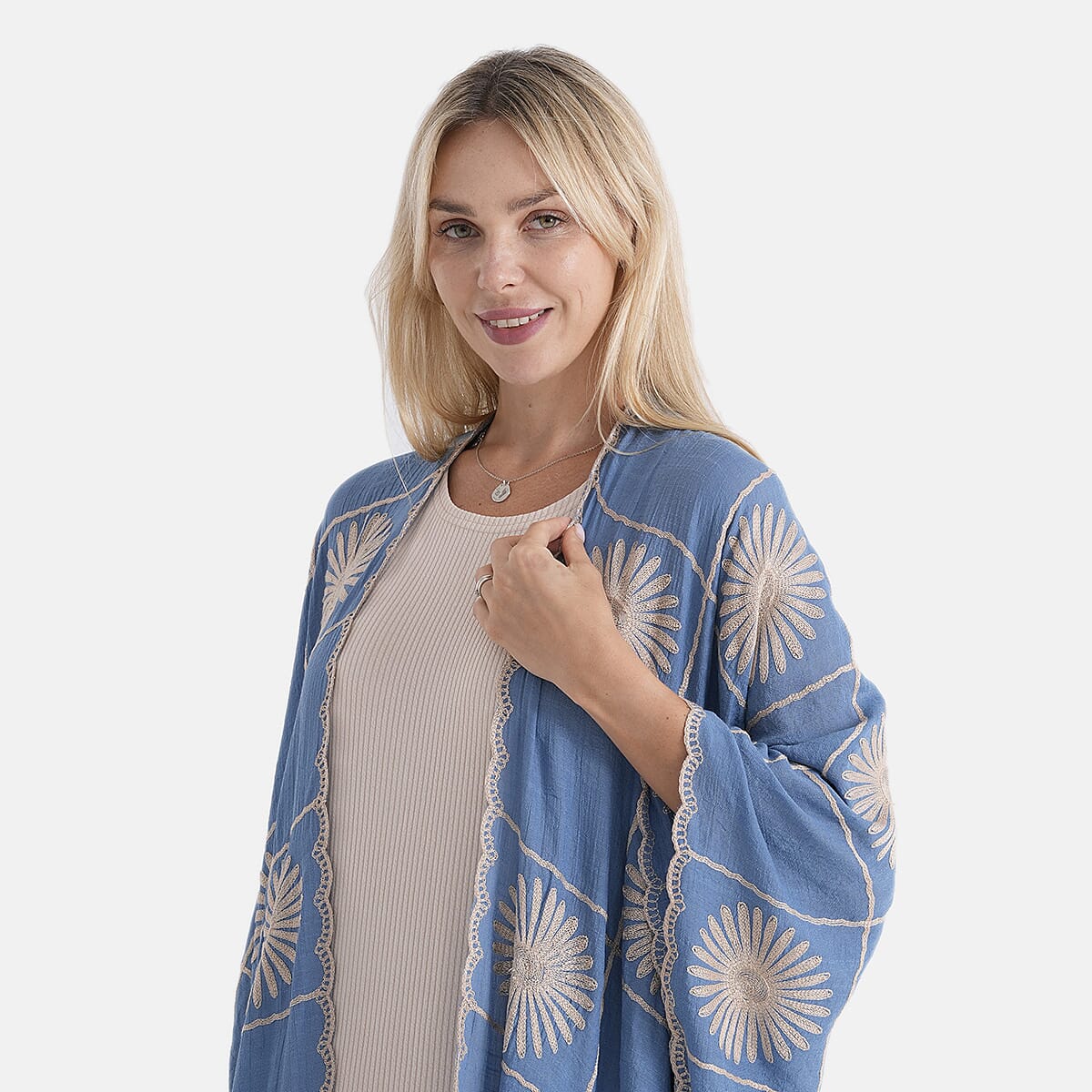 La Marey Full Embroidery Longline Kimono (One Size) - Blue