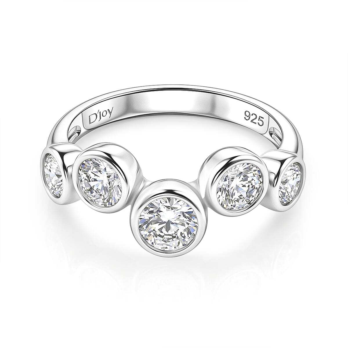 D'Joy GRA Certified Moissanite 5 Stone Ring in Rhodium Overlay Sterling Silver 1.56 Ct.