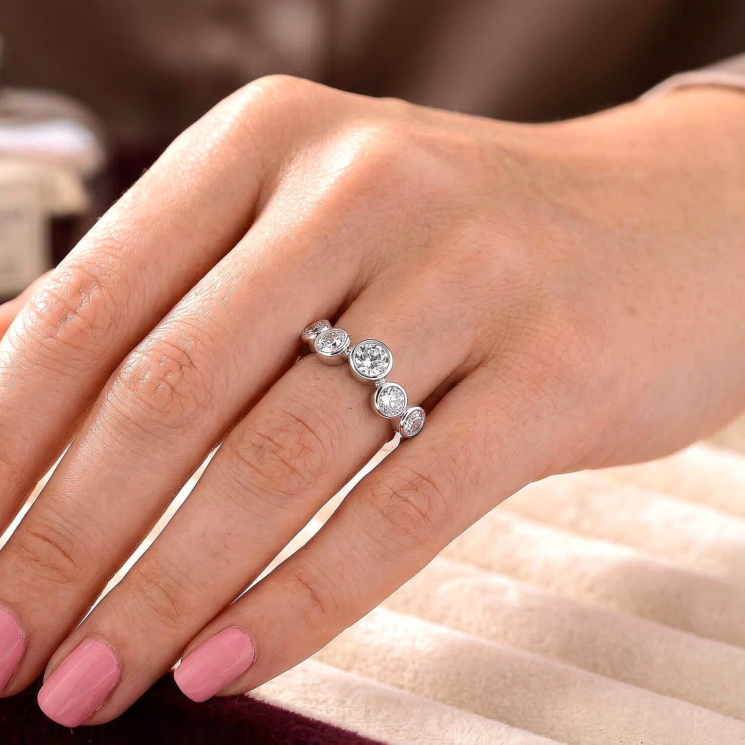 D'Joy GRA Certified Moissanite 5 Stone Ring in Rhodium Overlay Sterling Silver 1.56 Ct.