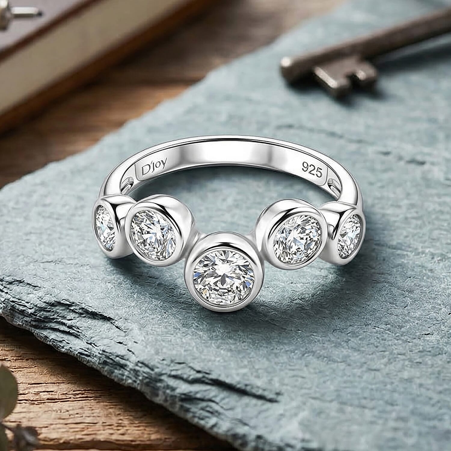 D'Joy GRA Certified Moissanite 5 Stone Ring in Rhodium Overlay Sterling Silver 1.56 Ct.