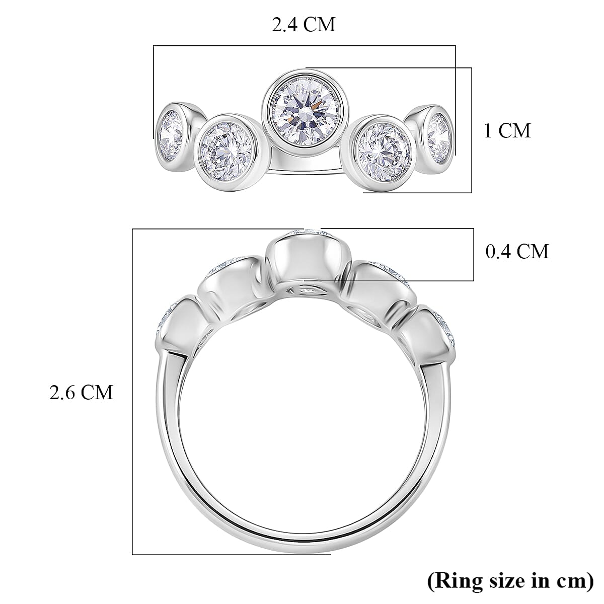 D'Joy GRA Certified Moissanite 5 Stone Ring in Rhodium Overlay Sterling Silver 1.56 Ct.