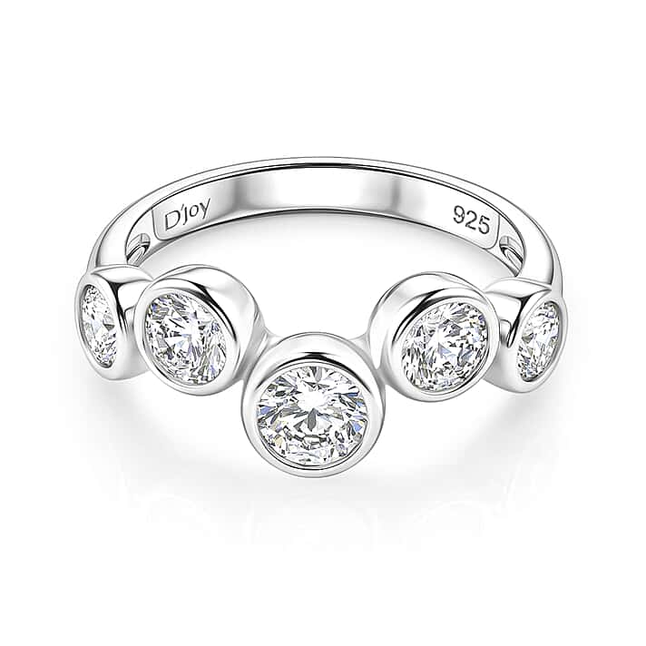 D'Joy - GRA Certified (D-VVS1) Moissanite 5 Stone Ring in Rhodium Overlay Sterling Silver 1.56 Ct.
