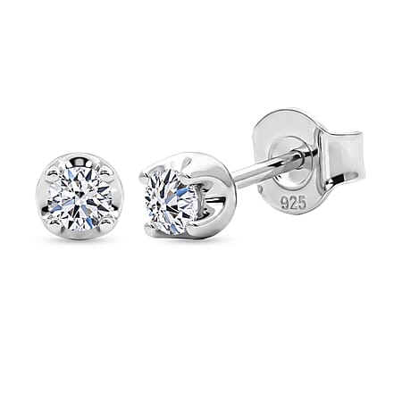 Luxuriant Lab Grown Diamond Solitaire Stud Push Post Earring in Rhodium Overlay Sterling Silver