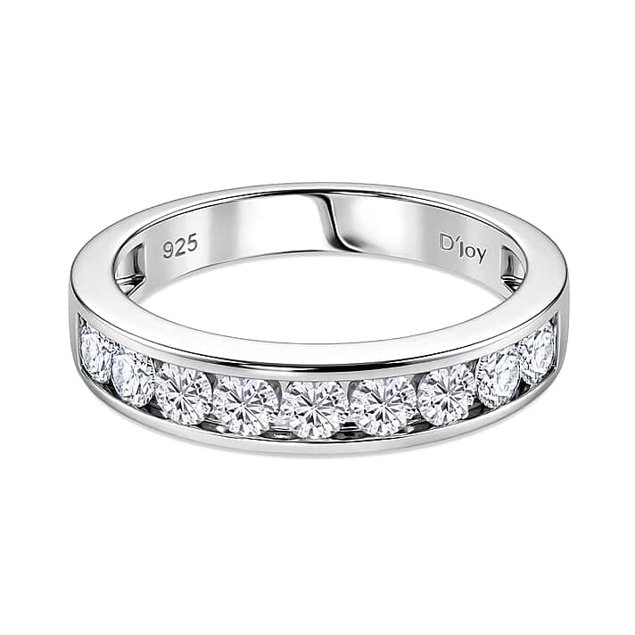 D'Joy - GRA Certified Moissanite Half Eternity Band Ring in Rhodium Overlay Sterling Silver 1.00 Ct.