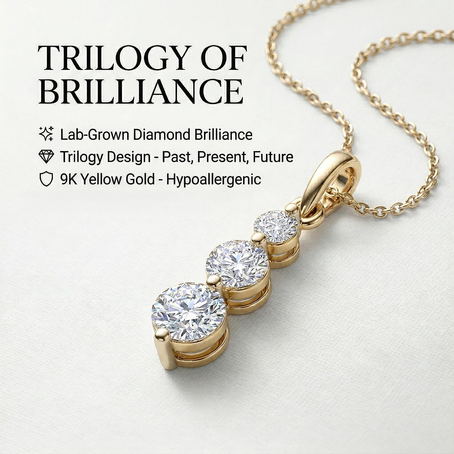 Luxuriant 9K Yellow Gold SI-GH Lab Grown Diamond Trilogy Drop Pendant 0.50 Cts