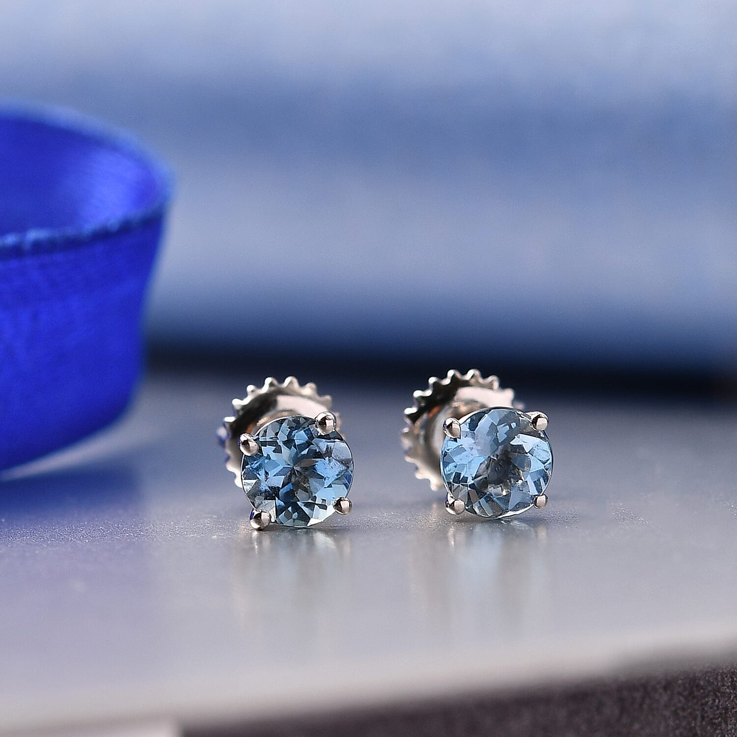 RHAPSODY- 950 Platinum AAAA Brazilian Santa Maria Aquamarine Solitaire Stud Earring with Screw Back 1.07 Ct
