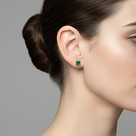 Luxuriant- 9K Yellow Gold AAAA Lab Grown Columbian Emerald Solitaire Stud Push Post Earring 1.92 Ct.