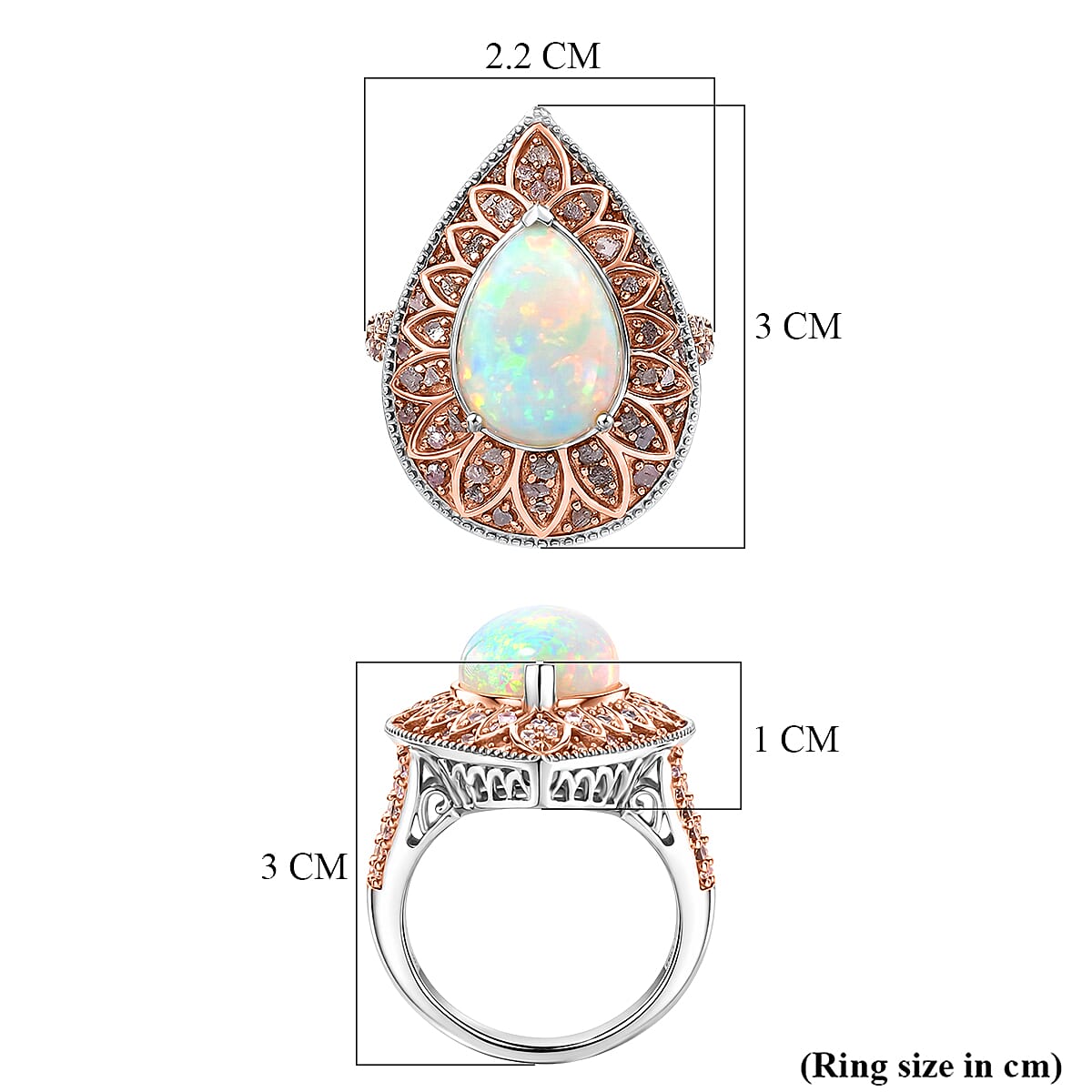 Couture Collection - AAA Natural Ethiopian Opal (3.35ct) & Natural Pink Diamond (0.65ct) Ring in Rhodium Overlay & Rose Gold Overlay Sterling Silver 4.00 Ct.