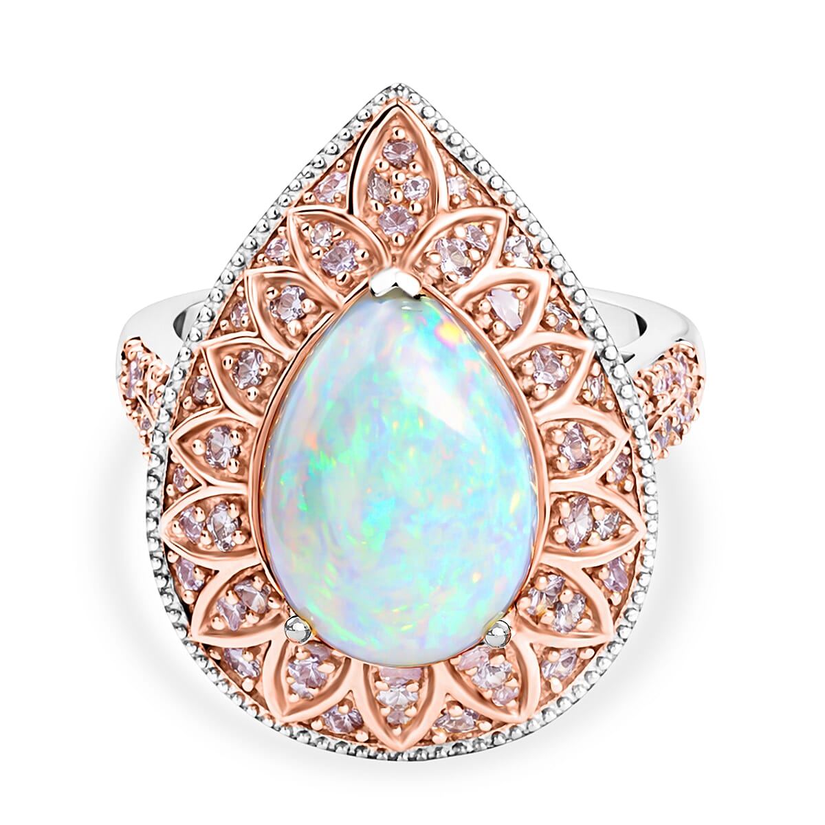 Couture Collection - AAA Natural Ethiopian Opal (3.35ct) & Natural Pink Diamond (0.65ct) Floral Halo Ring in Rhodium Overlay & Rose Gold Overlay Sterling Silver 4.00 Ct.