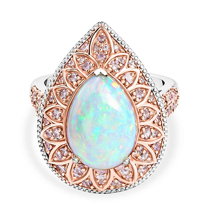 Couture Collection - AAA Natural Ethiopian Opal (3.35ct) & Natural Pink Diamond (0.65ct) Floral Halo Ring in Rhodium Overlay & Rose Gold Overlay Sterling Silver 4.00 Ct.