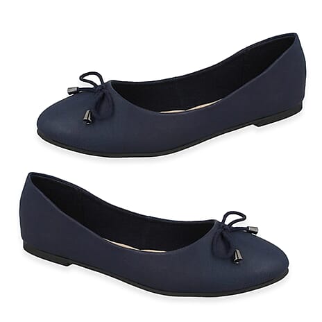 Spot On Ladies Leather Collection Bow Trim Ballerina Shoes (Size 4) - Navy