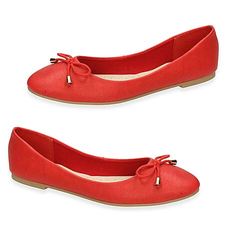 Spot On Ladies Leather Collection Bow Trim Ballerina Shoes (Size 4) - Red