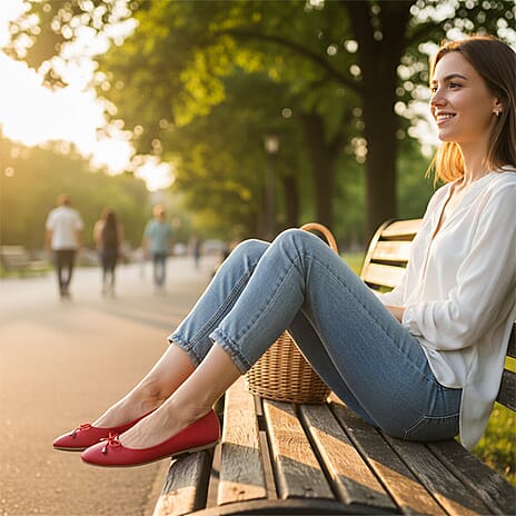 Spot On Ladies Leather Collection Bow Trim Ballerina Shoes (Size 6) - Red