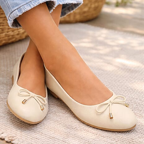 Spot On Ladies Leather Collection Bow Trim Ballerina Shoes (Size 5) - Nude