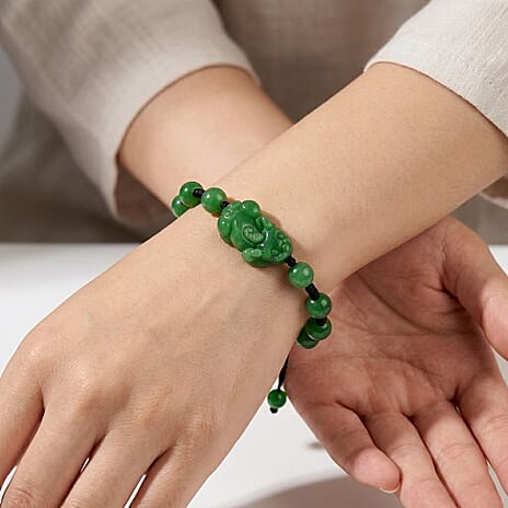 Green Jadeite Jade Carved Pixiu Adjustable Bracelet (Size 6.5-9.5) 35.00 Ct.