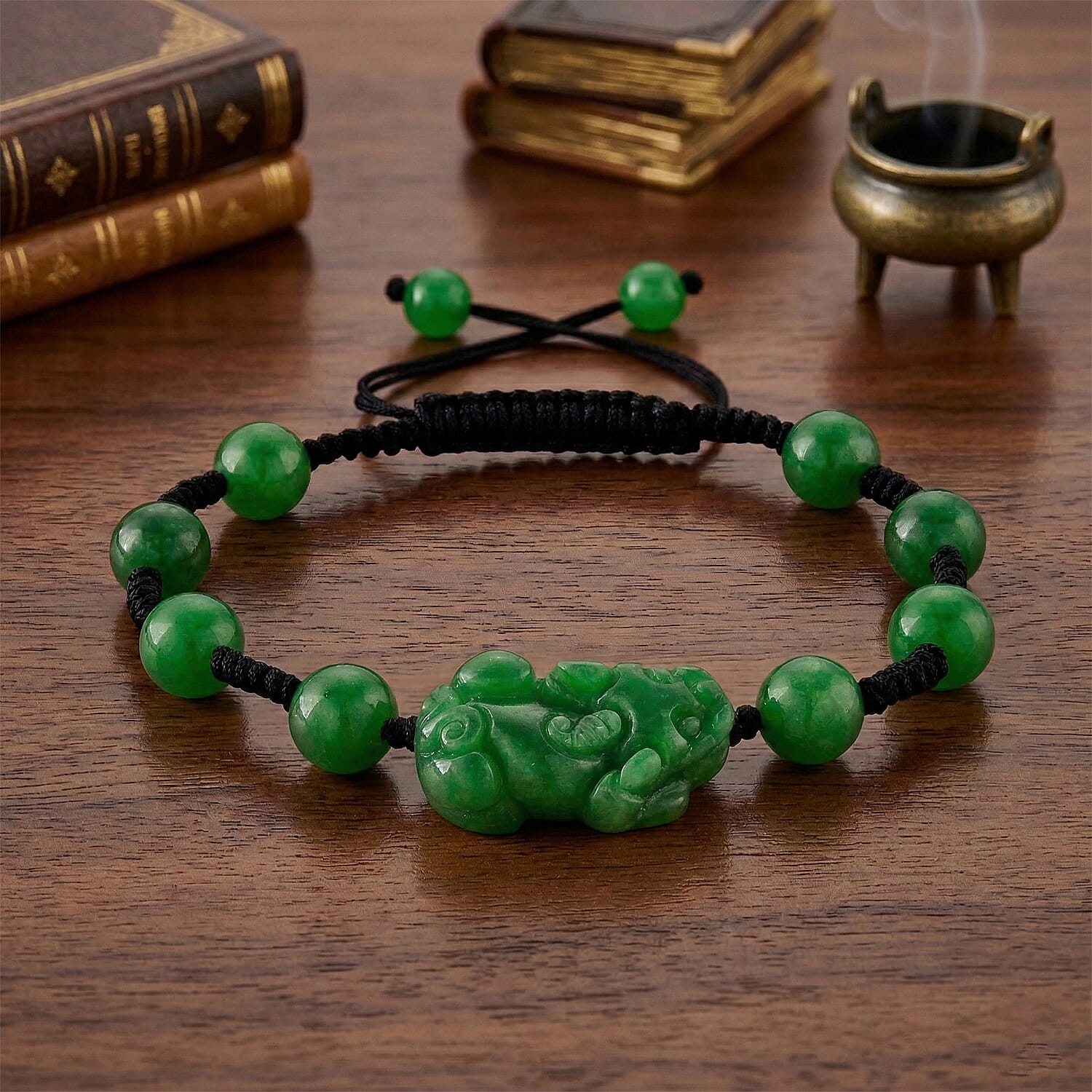 Enhanced Green Jade Carved Pixiu Adjustable Bracelet (Size 6.5-9.5) 35.00 Ct.