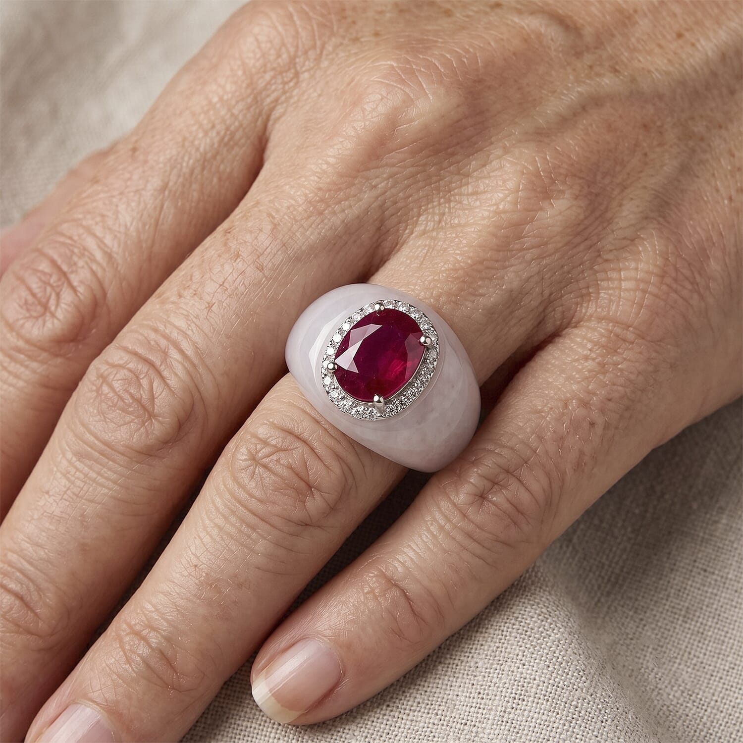 D'Joy - Fissure Filled Ruby, White Zircon & Dyed White Jade Band Ring in Rhodium Overlay Sterling Silver 30.12 Ct.