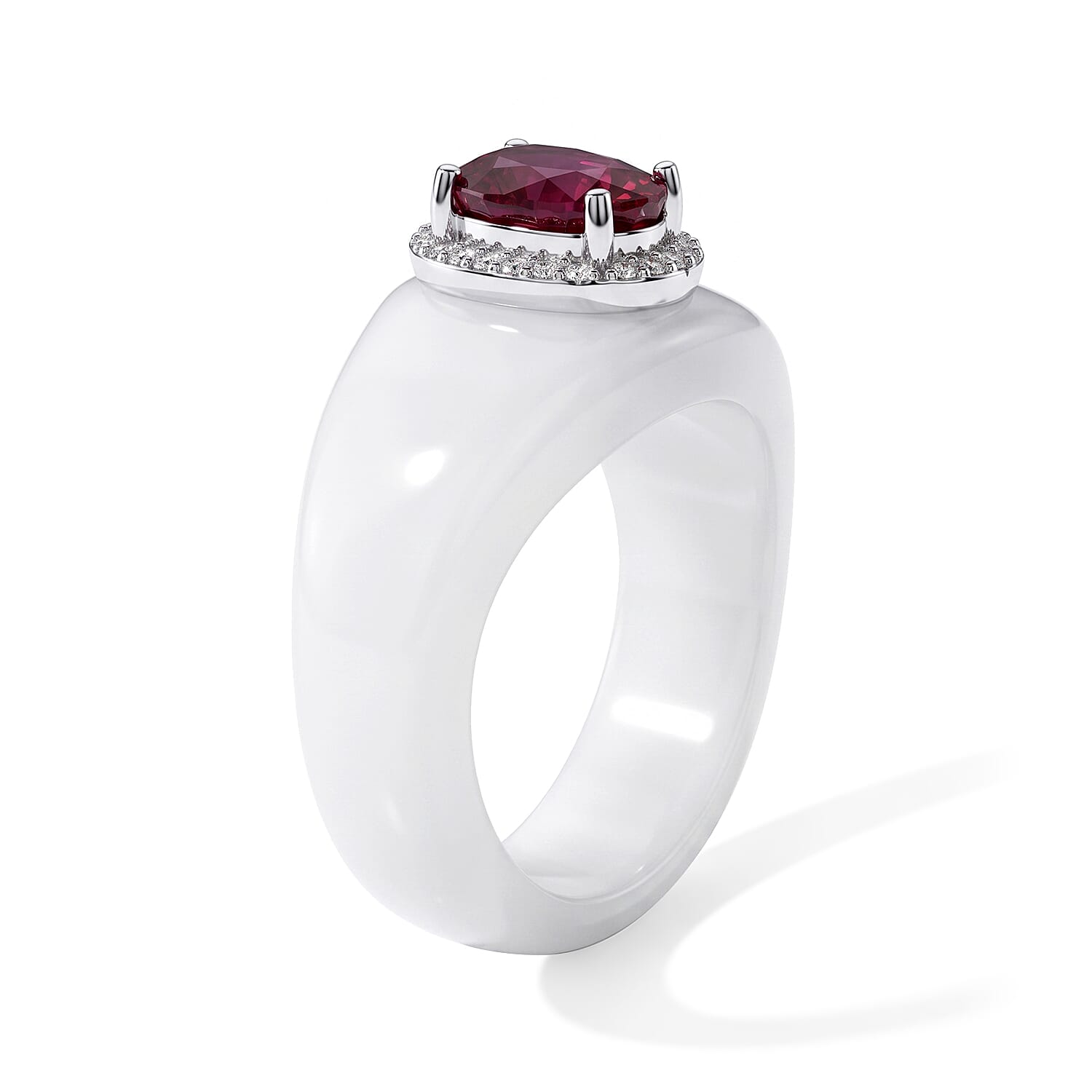 D'Joy - Fissure Filled Ruby, White Zircon & Dyed White Jade Band Ring in Rhodium Overlay Sterling Silver 30.12 Ct.