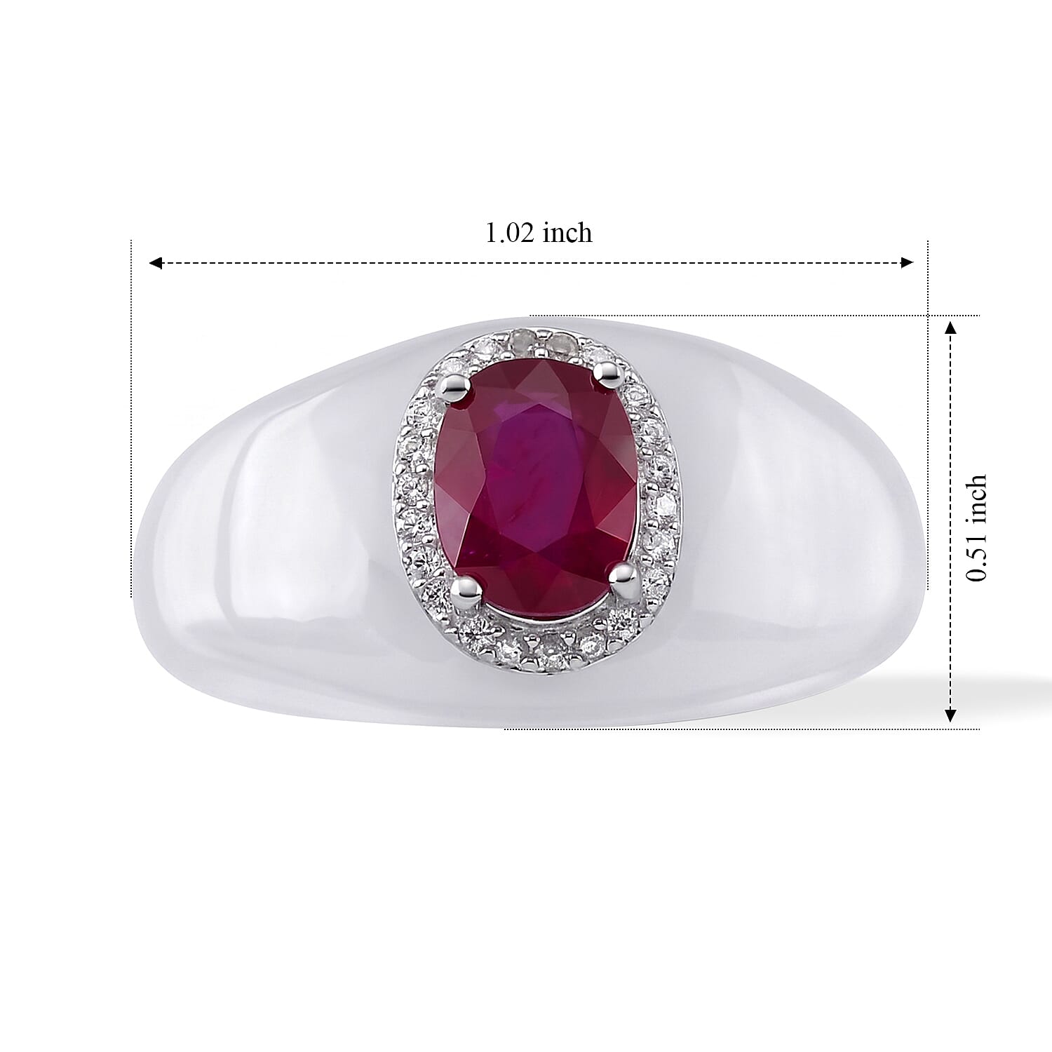 D'Joy - Fissure Filled Ruby, White Zircon & Dyed White Jade Band Ring in Rhodium Overlay Sterling Silver 30.12 Ct.