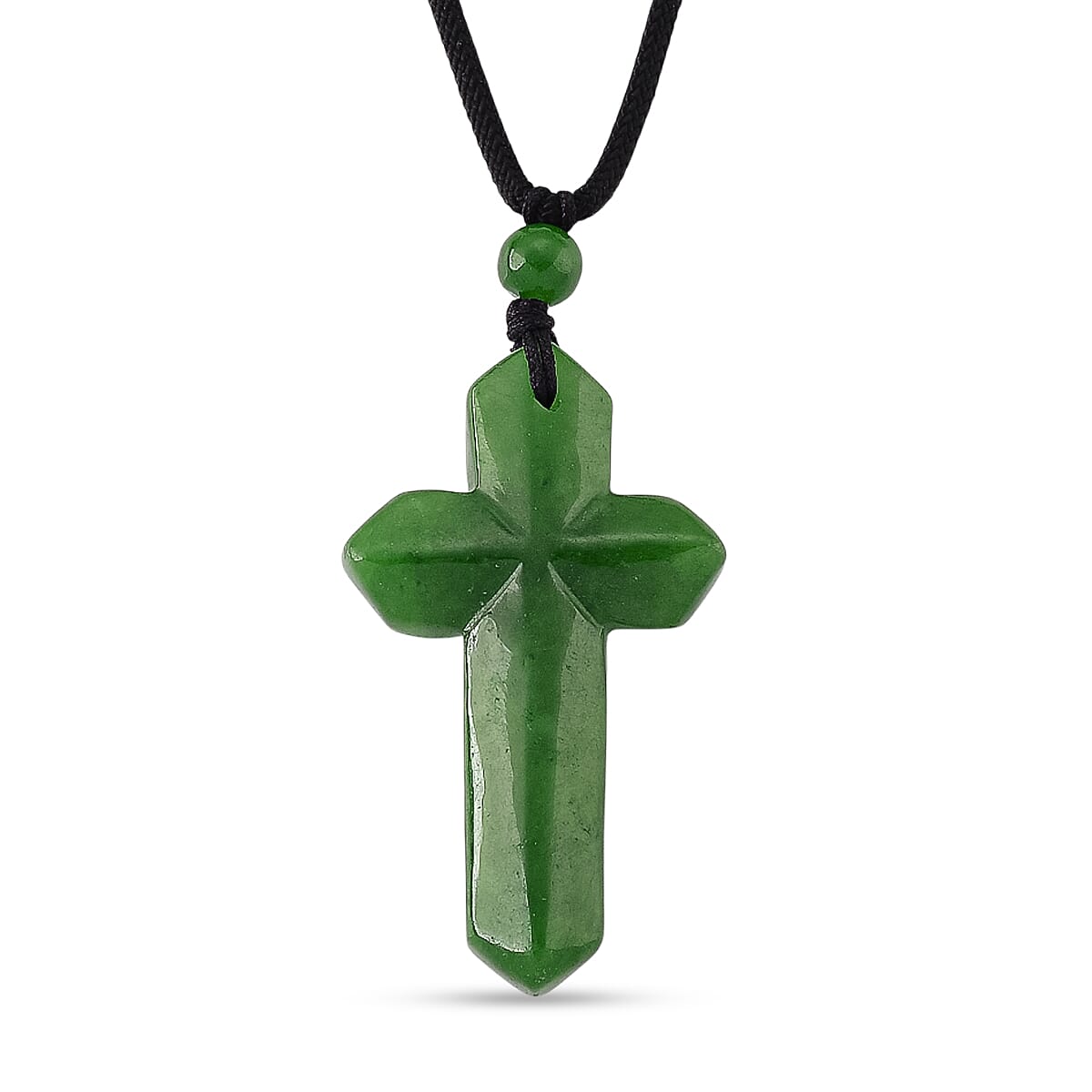 Enhanced Green Jade Carved Cross Adjustable Necklace (Size - 28) 35.00 Ct.