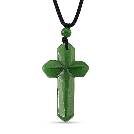 Enhanced Green Jade Carved Cross Adjustable Necklace (Size - 28) 35.00 Ct.